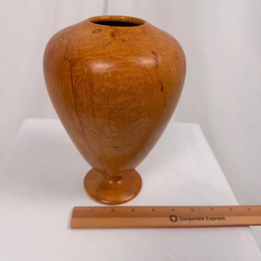 EH Lang Hand Turned Maple Wood Vase Decor Honey Brown Natural Grain Pedestal